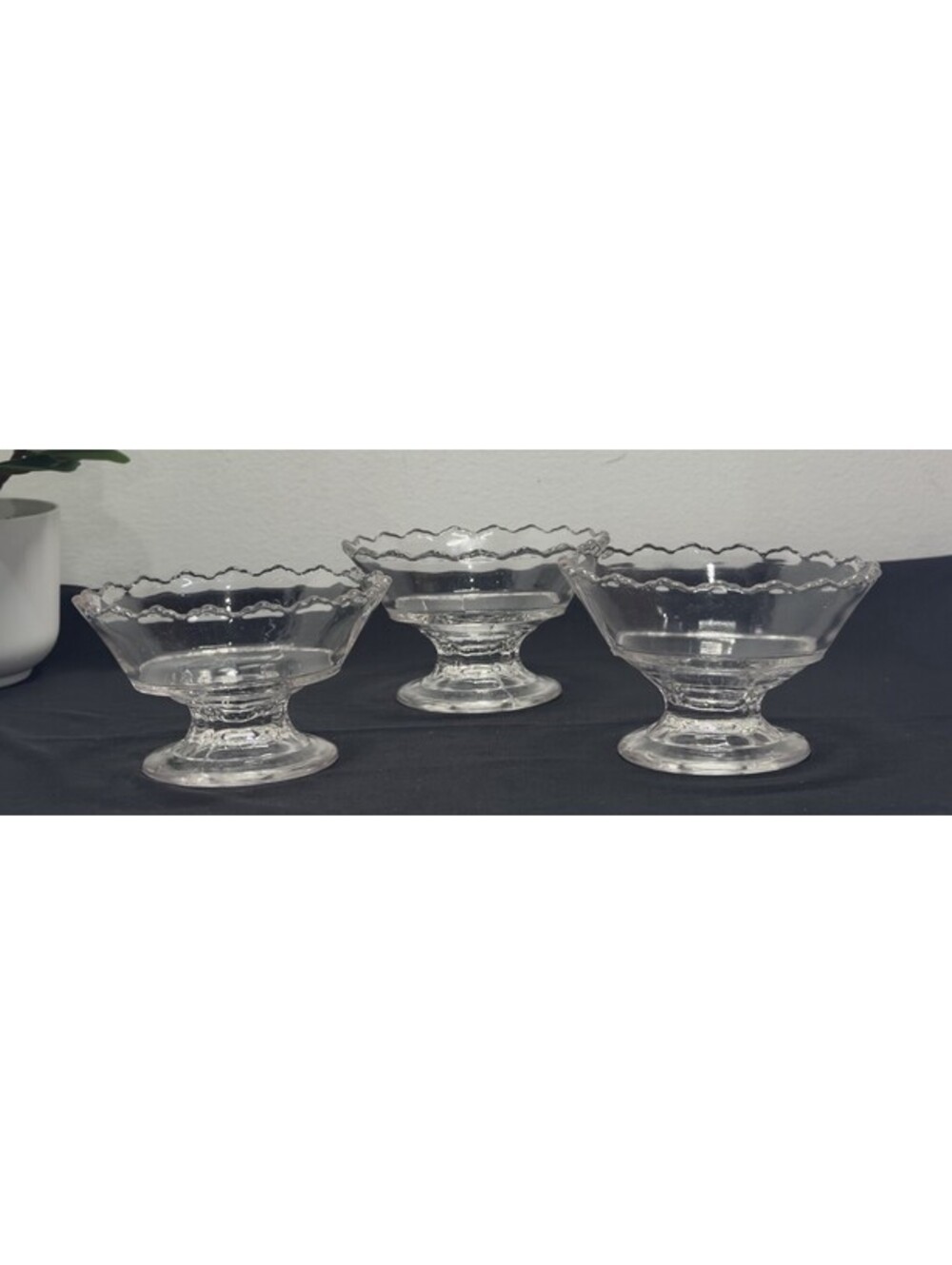 3 EAPG Glass Pedestal Compotes Or Fruit Bowl. Scalloped Edges